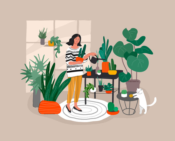 Womxn watering plants with cat
